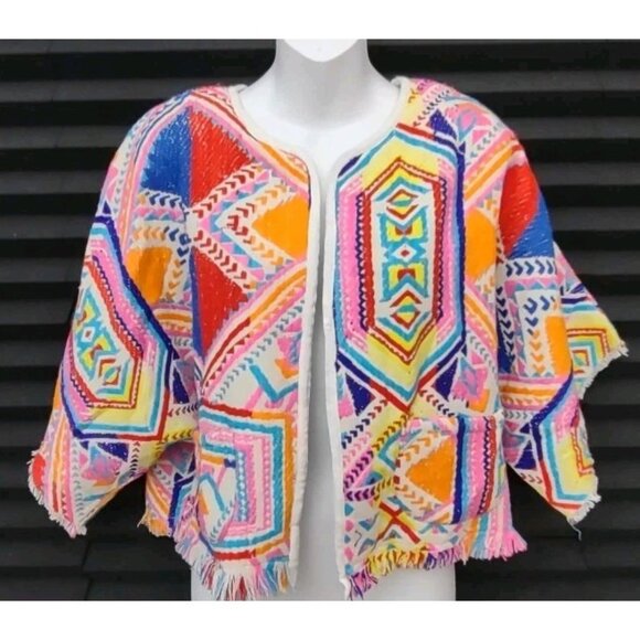 Anthropologie DRA GEO KIMONO Los Angeles Top Size Medium Multicolor 3/4 Sleeve - Picture 1 of 13